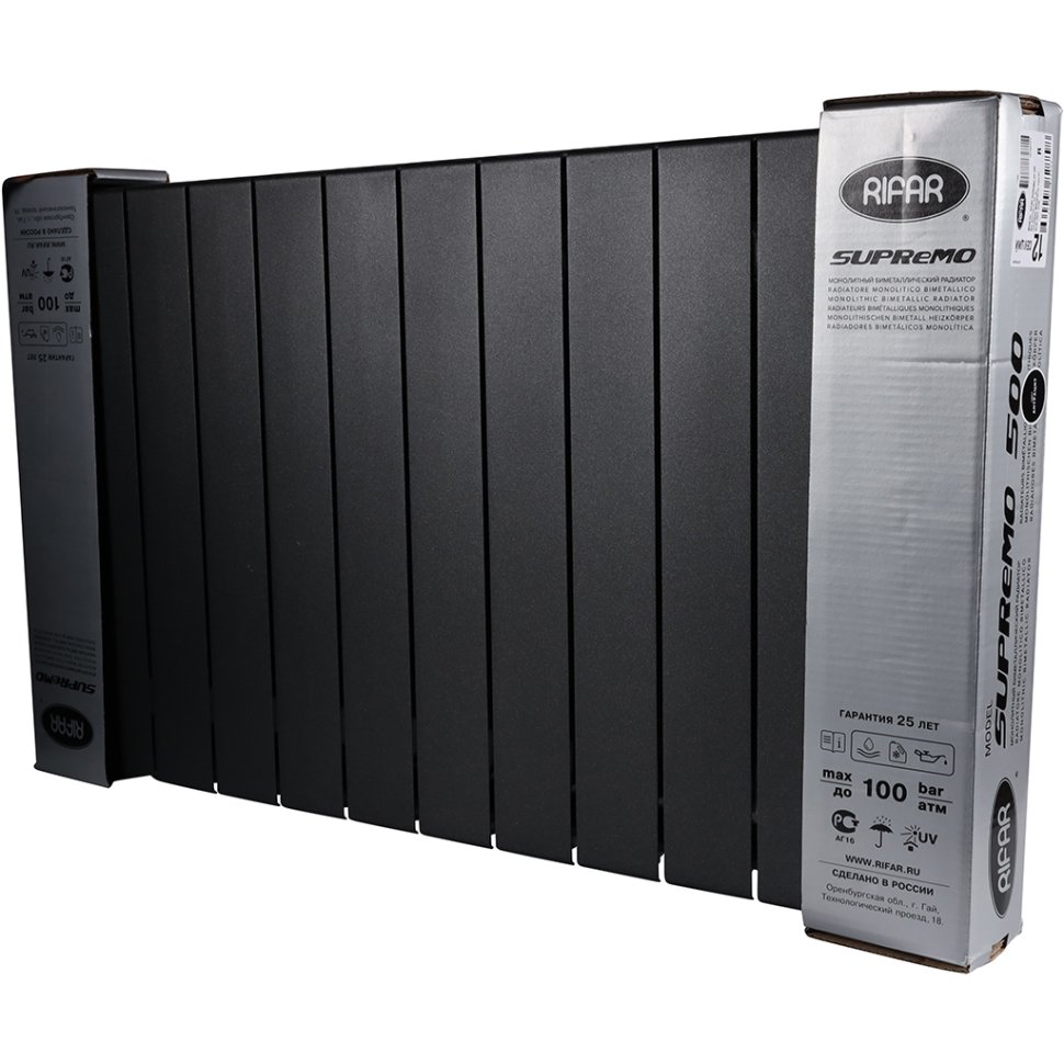 Биметаллический радиатор отопления Rifar Supremo Ventil SVR 500 12 секций нижнее правое подключение антрацит в ДНР