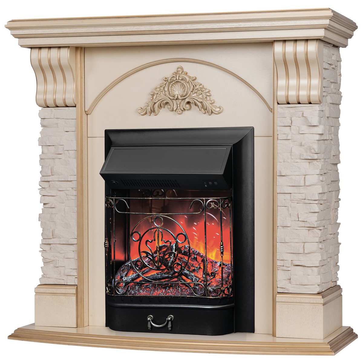 Электрокамин RealFlame Athena WT белый дуб с золотой патиной с очагом Majestic Lux Black Электрокамин RealFlame Athena WT белый дуб с золотой патиной с очагом Majestic Lux Black