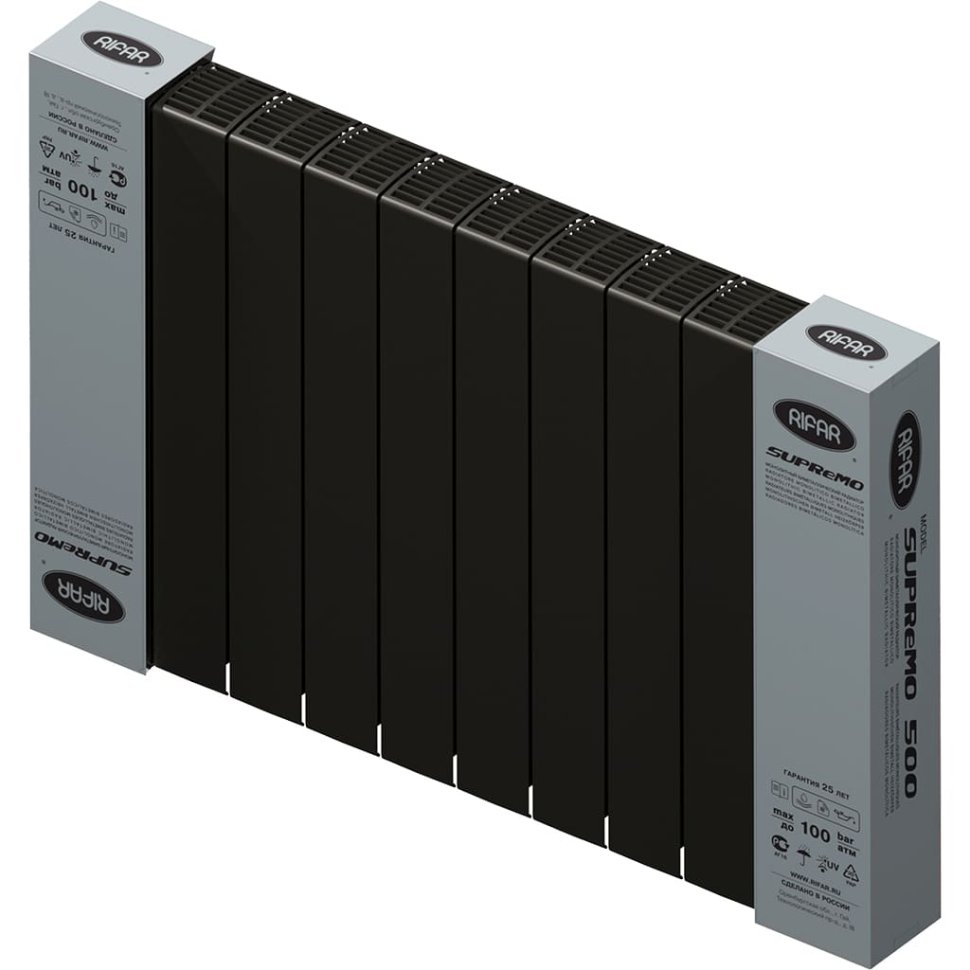 Биметаллический радиатор отопления Rifar Supremo 500 боковое подключение 10 секций антрацит в ДНР