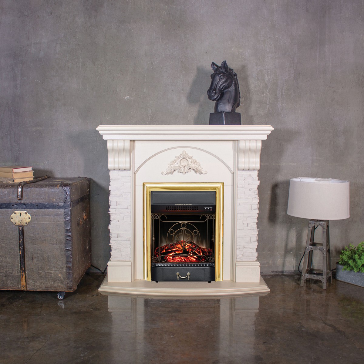 Электрокамин RealFlame Athena WT белый дуб с золотой патиной с очагом Majestic Lux Brass Электрокамин RealFlame Athena WT белый дуб с золотой патиной с очагом Majestic Lux Brass