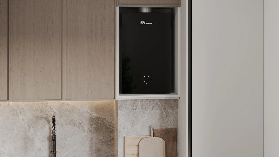 Проточный газовый водонагреватель E8 tempo E8WCY24 (черная стеклянная панель) в ДНР