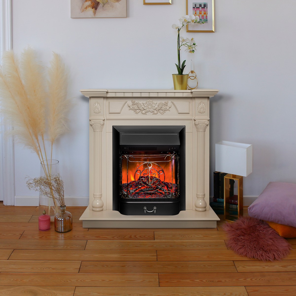 Электрокамин RealFlame Dacota WT белый дуб с очагом Majestic Lux Black Электрокамин RealFlame Dacota WT белый дуб с очагом Majestic Lux Black