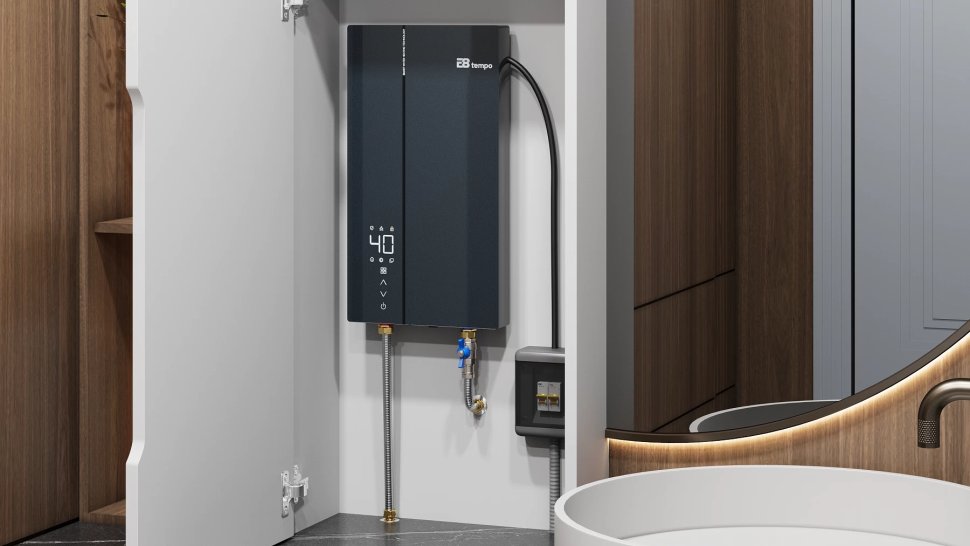 Проточный электрический водонагреватель E8 tempo RW90 синяя стеклянная панель в ДНР