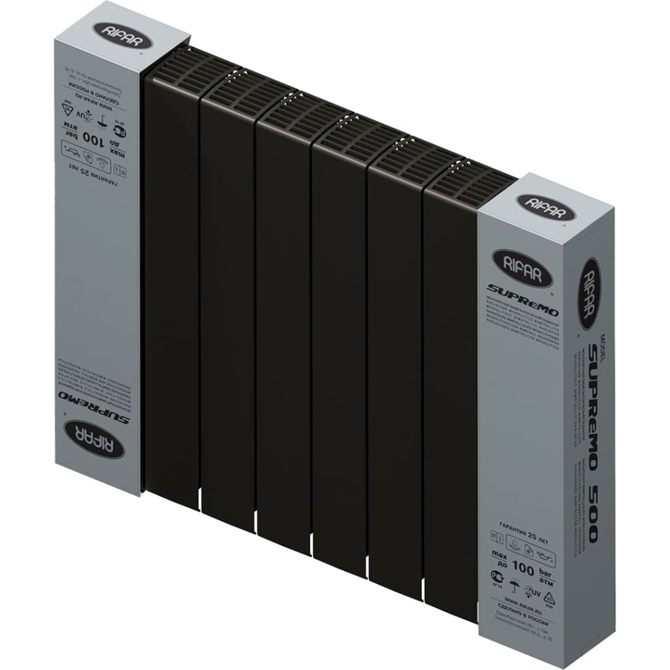 Биметаллический радиатор отопления Rifar Supremo 500 боковое подключение 8 секций антрацит в ДНР