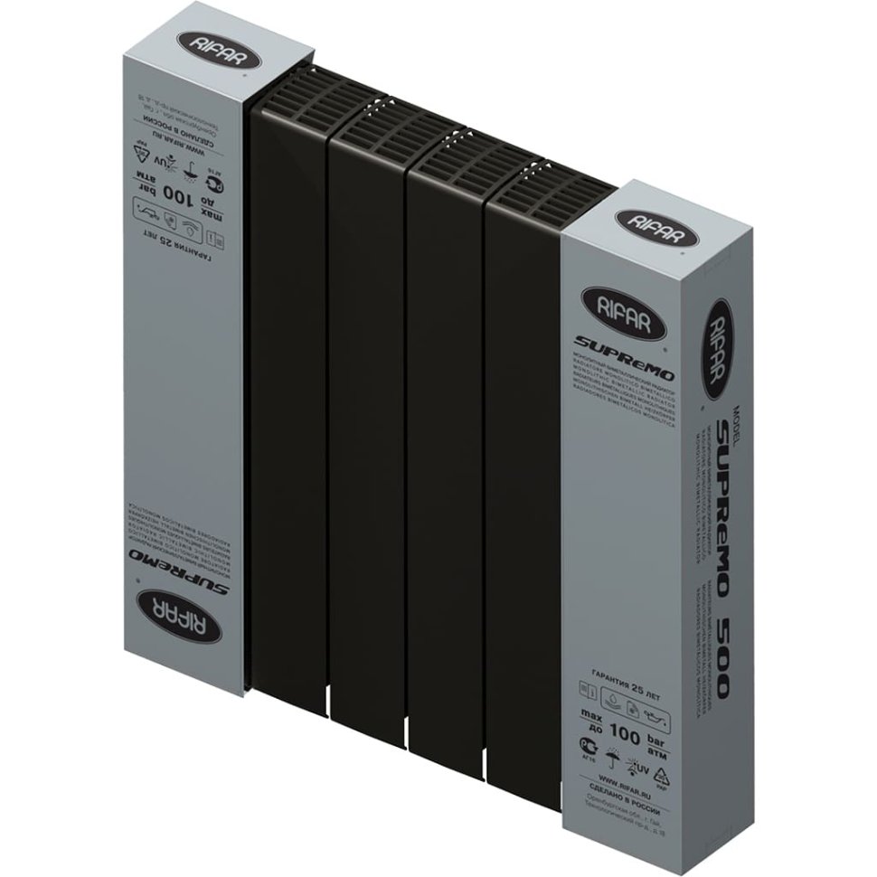 Биметаллический радиатор отопления Rifar Supremo 500 боковое подключение 6 секций антрацит в ДНР