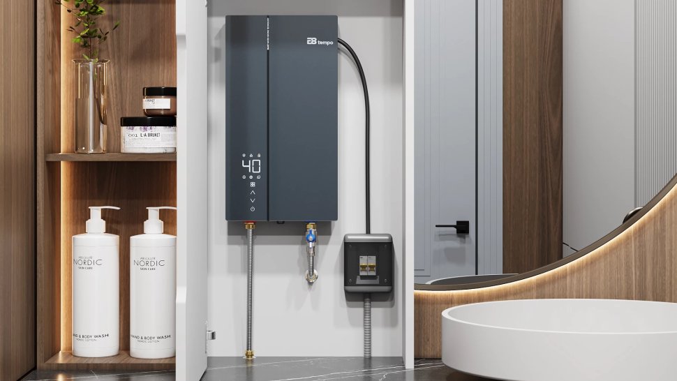 Проточный электрический водонагреватель E8 tempo RW90 синяя стеклянная панель в ДНР