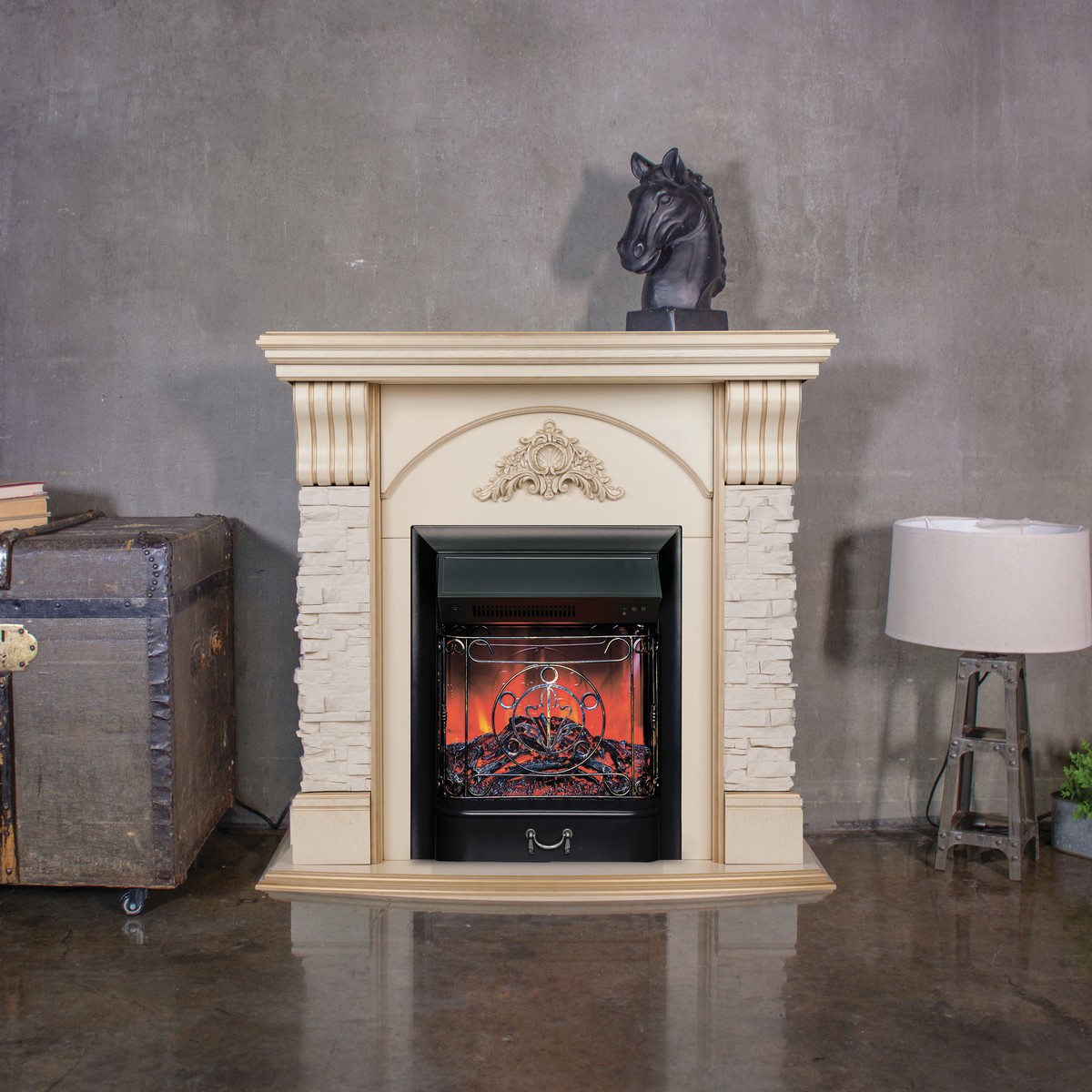 Электрокамин RealFlame Athena WT белый дуб с золотой патиной с очагом Majestic Lux Black Электрокамин RealFlame Athena WT белый дуб с золотой патиной с очагом Majestic Lux Black